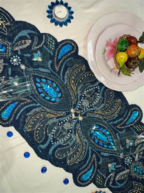 Handmade Beads Table Runner Blue Designer Table Runner Luxury