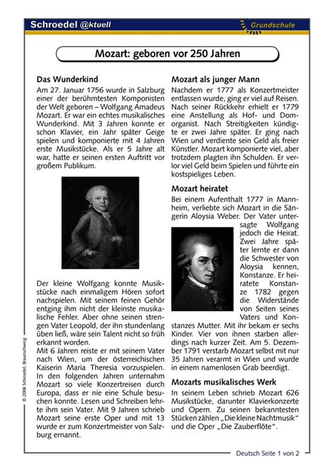 Mozart Geboren Vor 250 Jahren Ein Arbeitsblatt über Wolfgang Amadeus Mozart Ab Klasse 3