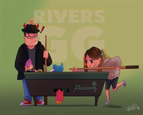 A Man And Woman Playing Pool In Front Of A Sign That Says River S Go