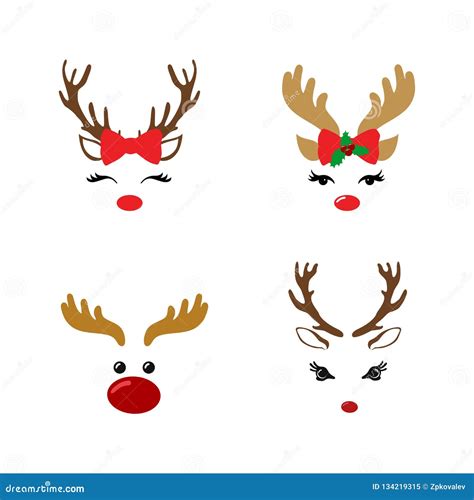 Set Of A Cute Reindeer Face With Christmas Decoration Vector