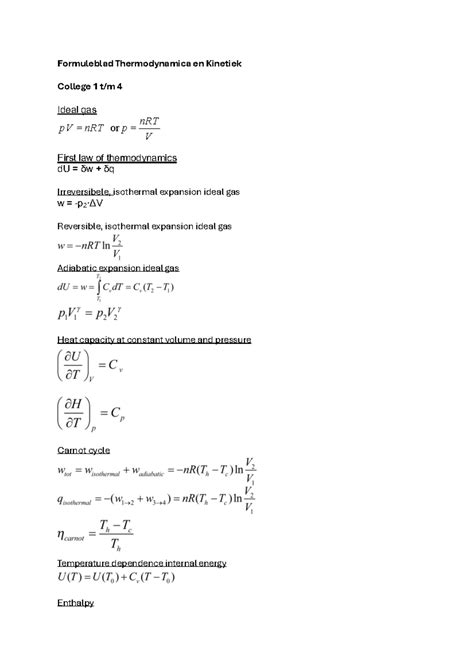 Formuleblad Thermodynamica En Kinetiek 2 Formuleblad