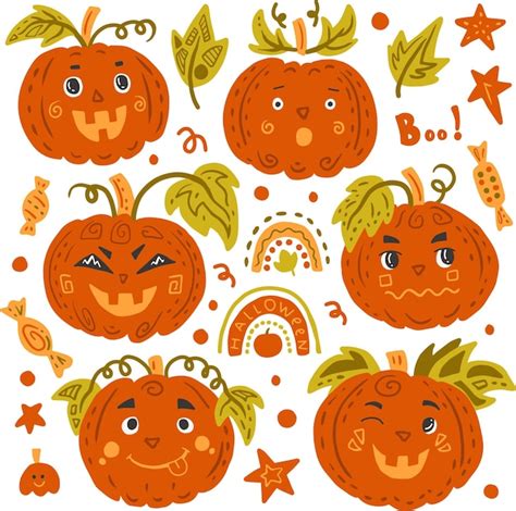 Conjunto Dibujado A Mano De Calabazas Lindas De Halloween Vector Premium