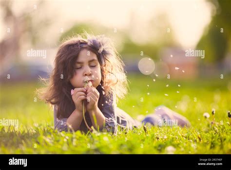 Cute Girl Blowing Dandelion Stock Photo Alamy