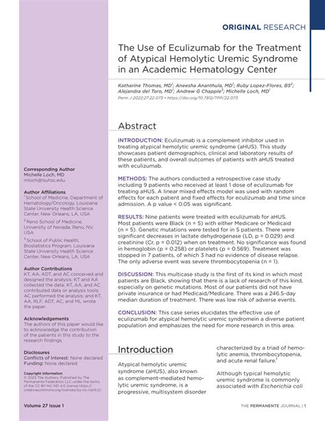 PDF The Use Of Eculizumab For The Treatment Of Atypical Hemolytic