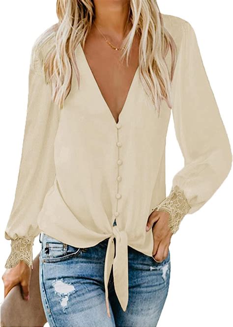 Lyaner Womens Casual V Neck Long Sleeve Tie Front Knot Button Down Shirt Blouse Top At Amazon