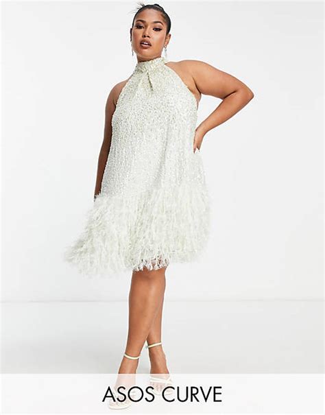 Asos Edition Curve Sequin Halter Mini Dress With Faux Feather Hem In Sage Green Asos