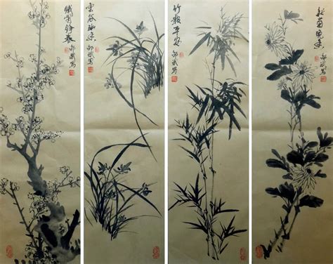 梅兰竹菊水墨画 四条屏 丁酉年秋月国画写意花鸟画邵斌写意