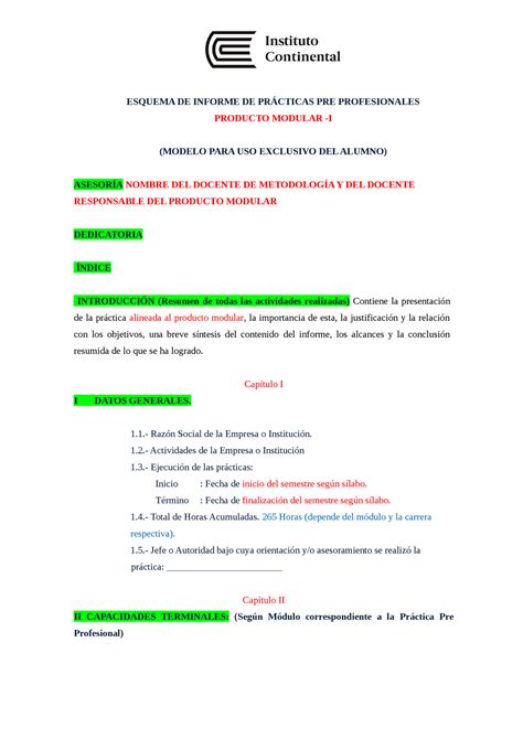 Manual Del Informe De Prácticas Módulo I Esquema De Informe De PrÁcticas Pre Profesionales