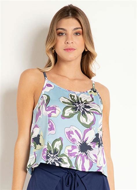 Blusa De Al As Floral Azul Queima De Estoque