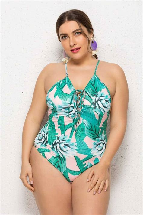 Fresh Plus Size Swimsuit In Cream And Green Tropical Print