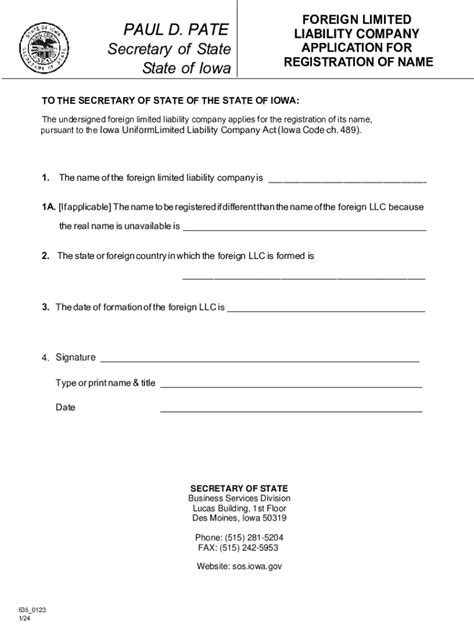 Fillable Online Sos Iowa Statement Of Foreign Qualification To Fax