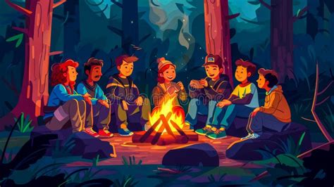 Group Of Friends Camping And Relaxing Around Campfire At Night Stock