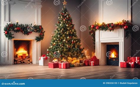 A Christmas Scene with a Fireplace and a Lit Christmas Tree Stock Image - Image of gifts ...