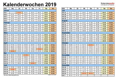 Kalenderwochen 2019 mit Vorlagen für Excel Word und PDF