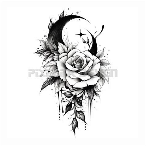 Rose With a Moon Tattoo Design Download High Resolution Digital Art PNG
