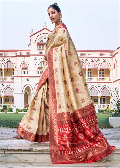 Beige And Red Patola Silk Saree Urban Womania