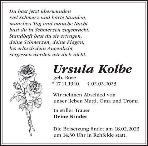 Traueranzeigen von Ursula Kolbe Märkische Onlinezeitung Trauerportal