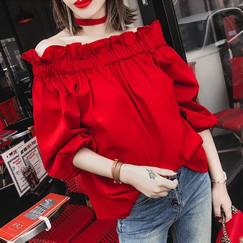 2018 Summer Off Shoulder Lantern Sleeve Red Blouses Women Sexy Off