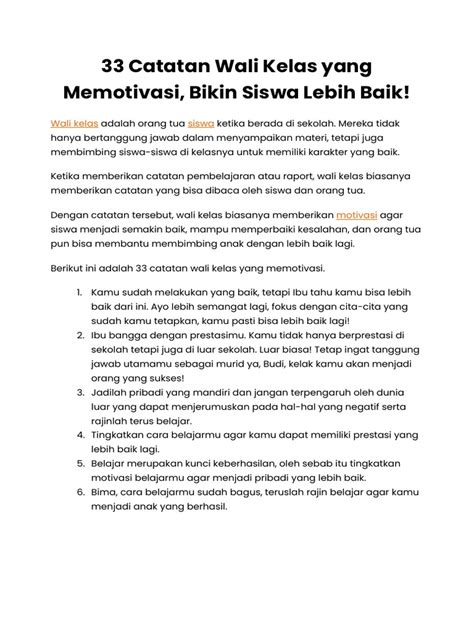 33 Catatan Wali Kelas Yang Memotivasi Bikin Siswa Lebih Baik Pdf