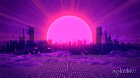 Retro City Skyline Neon Glowing Sun And Starry Sky Synthwave Wall