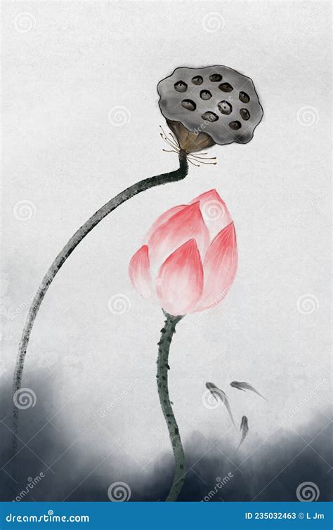 Ink Lotus And Lotus Leaf Hand Painted Art Illustration Stock