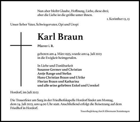 Traueranzeigen Von Karl Braun Abschied Nehmen De