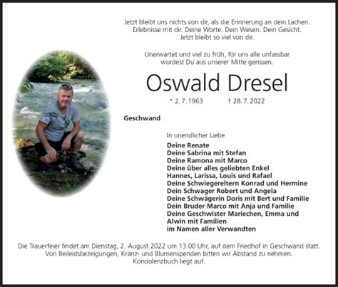 Oswald Dresel Traueranzeige Trauer Infranken De