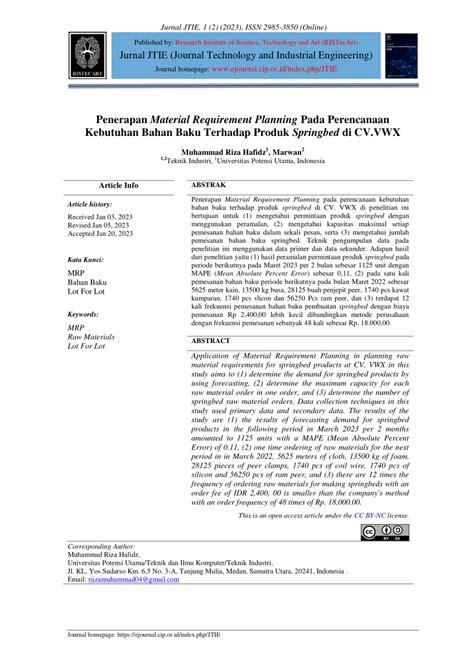 Pdf Penerapan Material Requirement Planning Pada Perencanaan