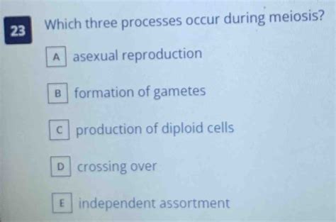 Solved 23 Which Three Processes Occur During Meiosis A Asexual