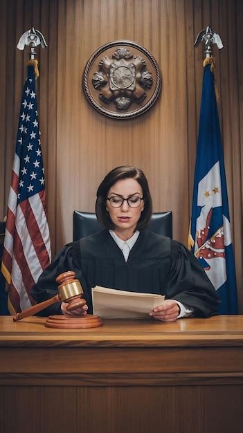 Court Of Law Trial In Session Portrait Of Honorable Female Judge Reading Decision Striking Gavel