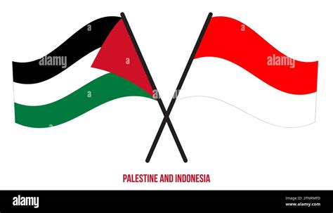 Palestine And Indonesia Flags Crossed And Waving Flat Style Official