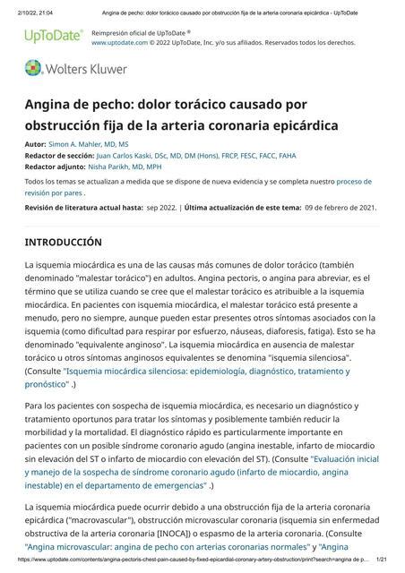 Angina De Pecho Dolor Tor Cico Causado Por Obstrucci N Fija De La