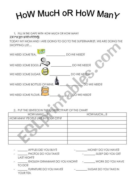 How Much How Many Esl Worksheet By Elideth