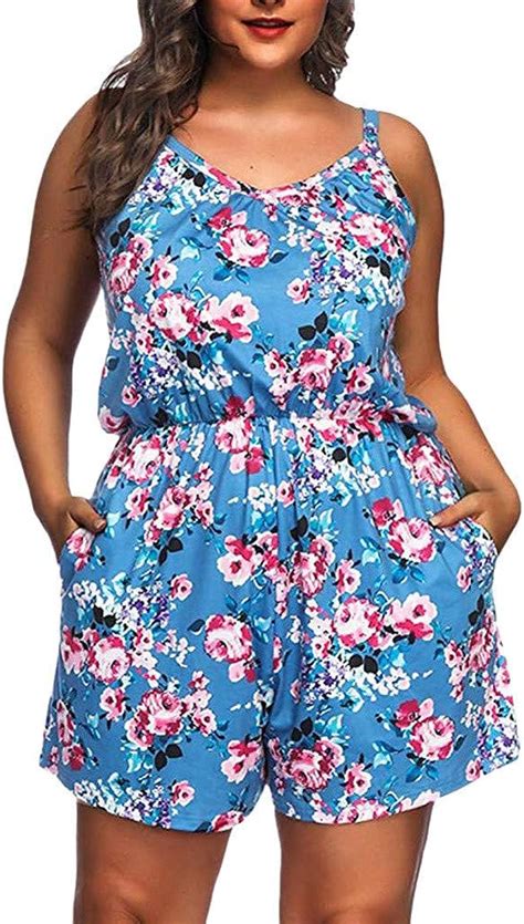 Plus Size Women Rompers Sleeveless Short Pants Floral Print Elastic Waist Jumpsuit With Pocket