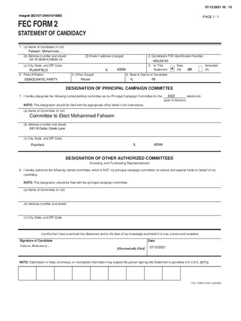 Pdf6321103065163211030651632fec Form 2 Statement Of Candidacy