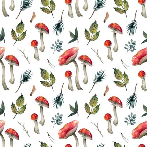 Premium Vector Watercolor Botanical Pattern With Mushrooms And Leaves