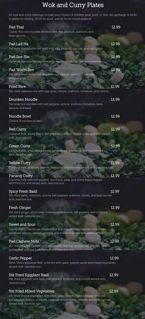 Bahn Thai Restaurant Menu In Tallahassee Florida Usa