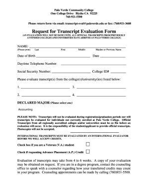 Fillable Online Paloverde Request For Transcript Evaluation Form Palo