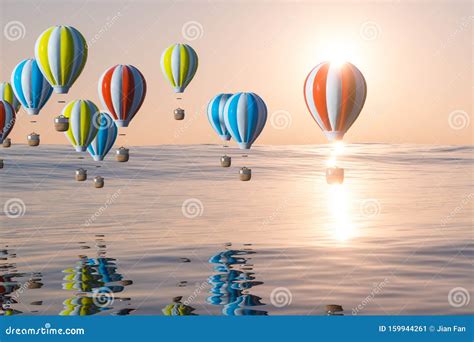 Hot Air Balloon Flying Over The Ocean 3d Rendering Stock Illustration