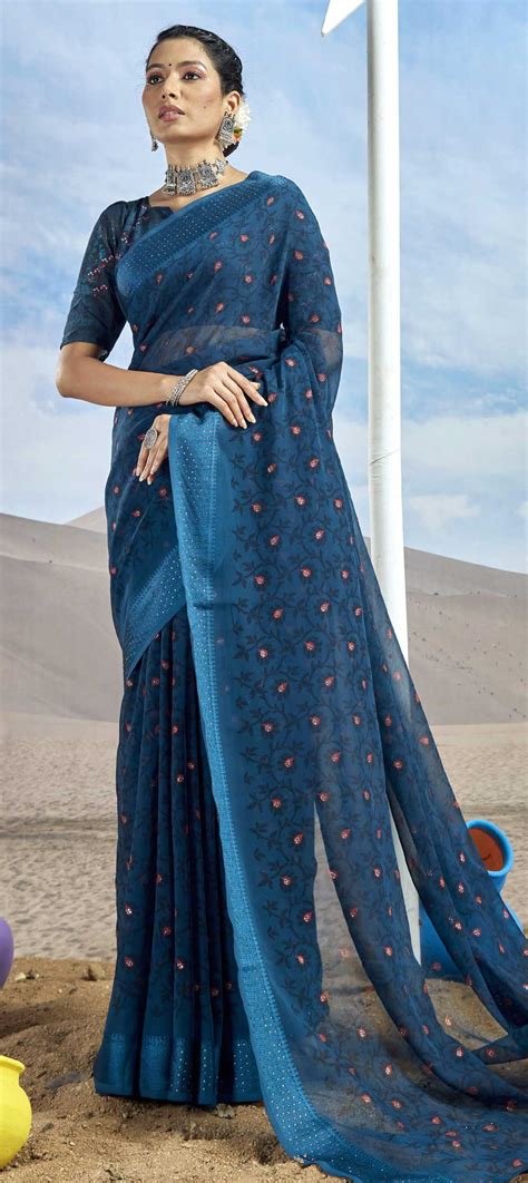 Party Wear Blue Color Georgette Fabric Saree