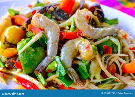 Som Tam Seafood Spicy Papaya Salad Stock Photo Image Of Garlic