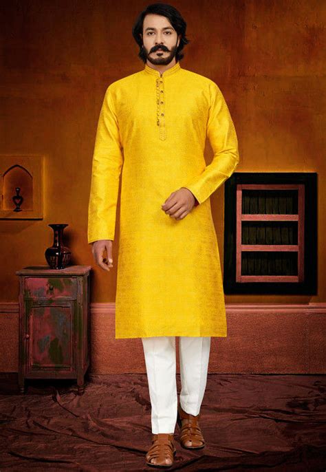 Woven Art Silk Jacquard Kurta Set In Yellow MJK162