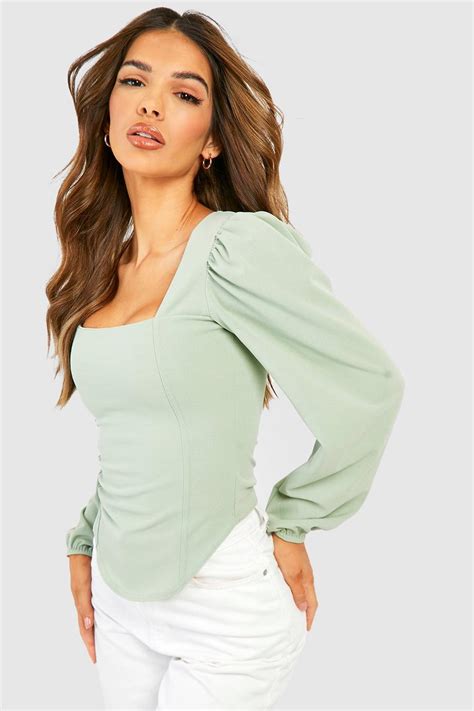 Sage Long Sleeve Corset Top Boohoo Uk