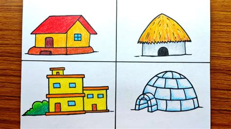 4 Different Types Of Houses Drawing Colour Easy How To Draw Different