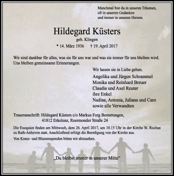 Alle Traueranzeigen F R Hildegard K Sters Trauer Rp Online De