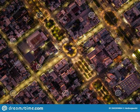 Aerial Top View Of Streetlights In Town As The Night Falls In Stock