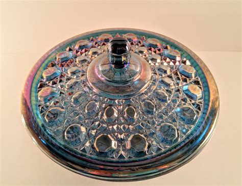 Iridescent Blue Depression Carnival Glass Candy Dish With Lid Etsy