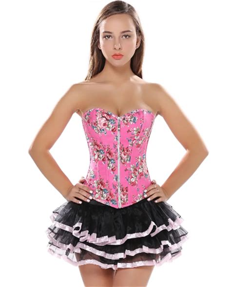 Pink Floral Sexy Corset Jeans Print Jacquard Zipper Lingerie And Mini