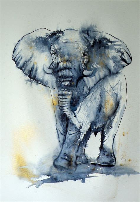 Elephant in gold 2014 by Kovács Anna Brigitta Animal art Watercolor