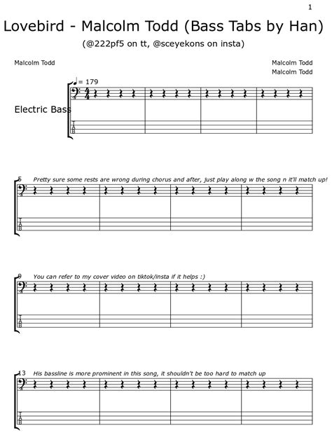 Lovebird Malcolm Todd Bass Tabs By Han Sheet Music For Electric Bass